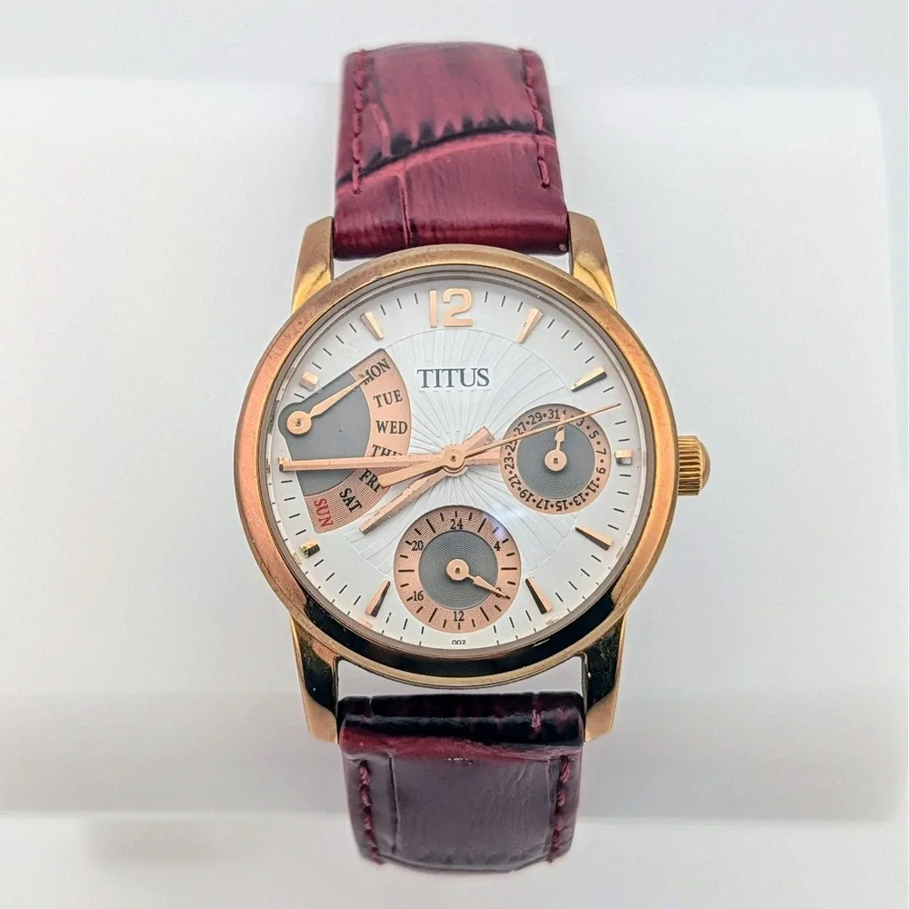 Titus Retrograde Multifunction Rose Gold Burgundy Leather Women's Watch 29mm